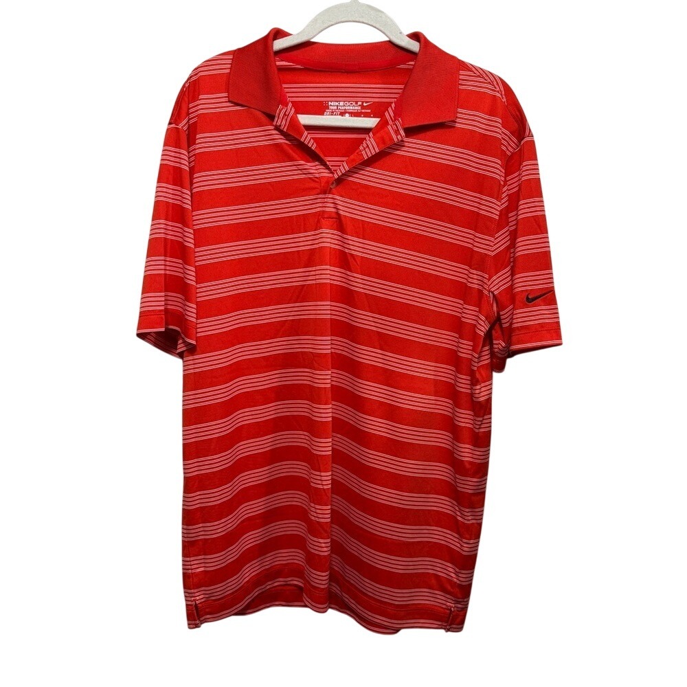 Nike Golf Mens L Polo Shirt Orange White Striped Short Sleeve Performance Preppy
